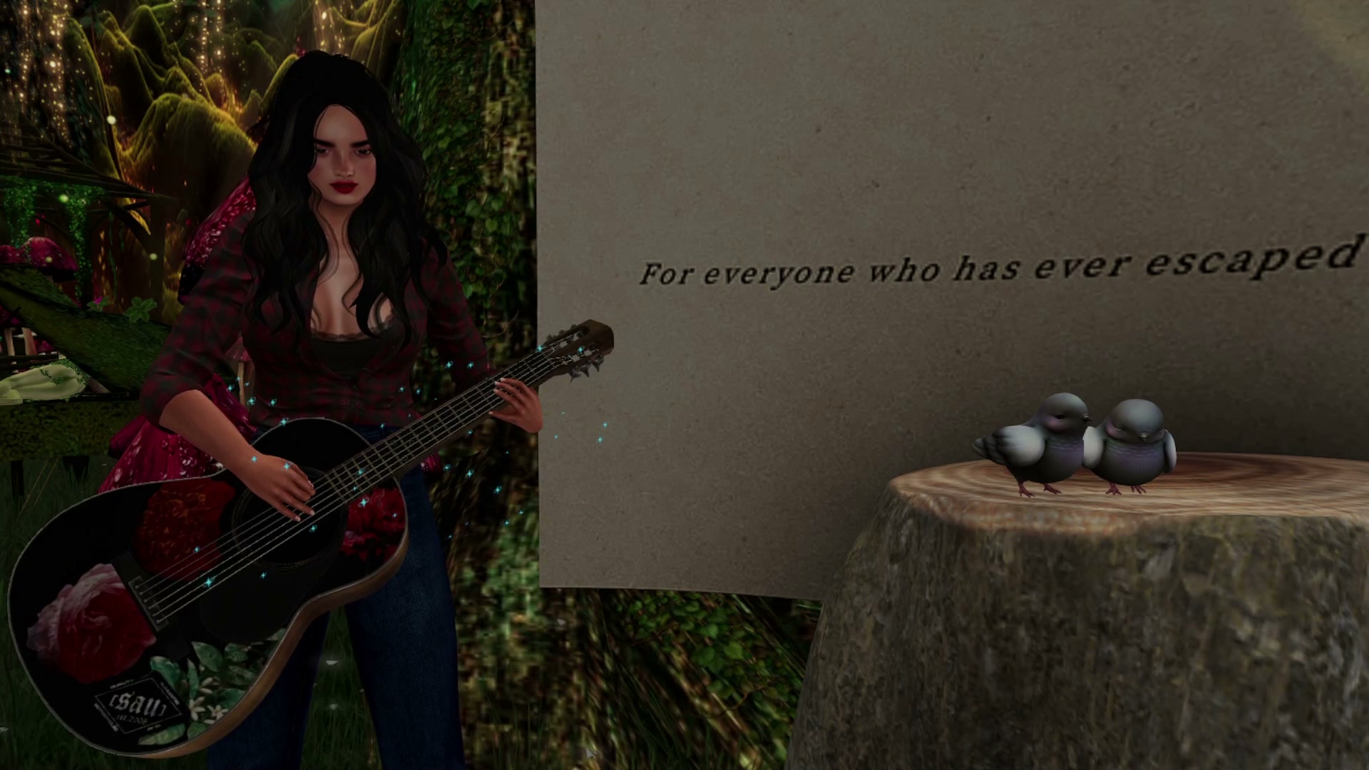 3D female avatar holding decorated guitar beside two lovebirds on a tree stump, with dedication t...