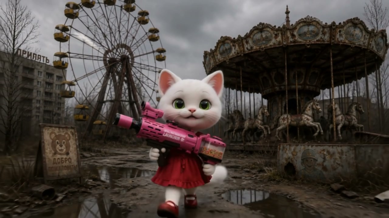 Anthropomorphic white cat in a red dress holds a pink toy blaster in an abandoned derelict amusem...