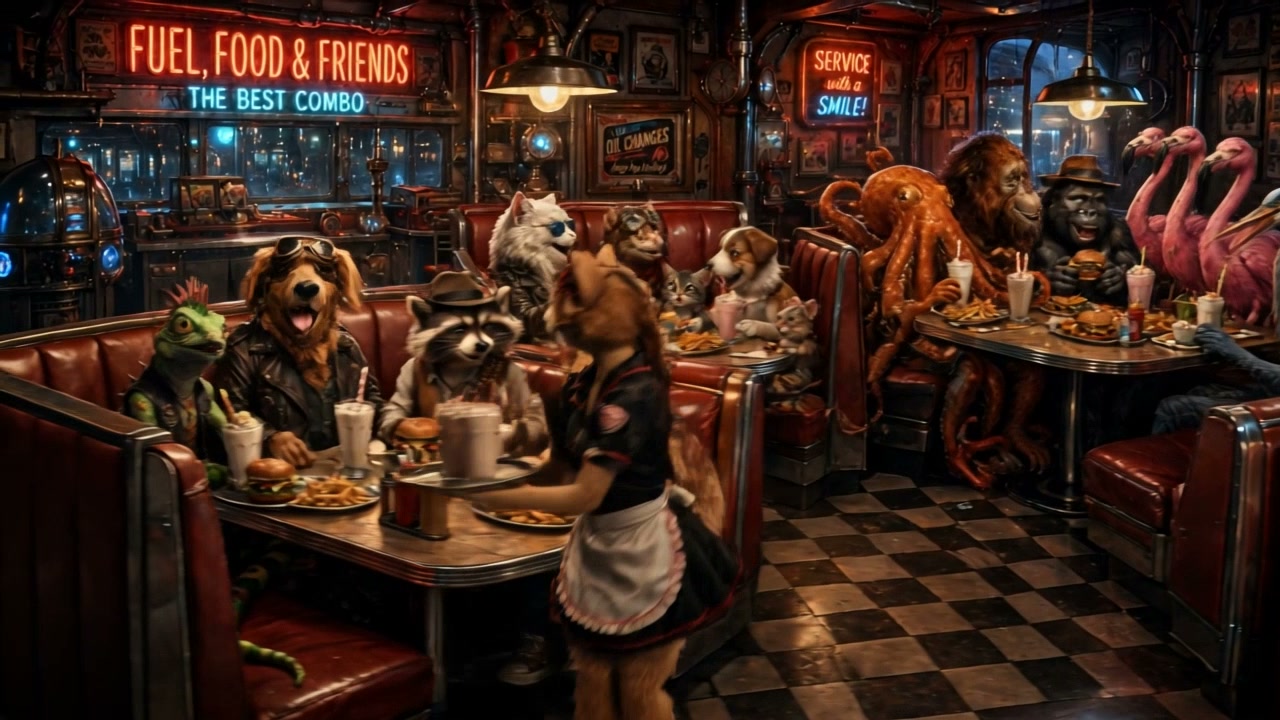 Anthropomorphic animal patrons dine at a retro neon-lit vintage diner as a fox waitress serves bu...