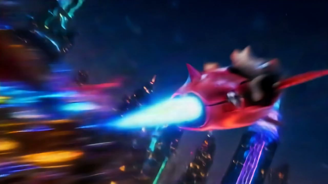 Dynamic blurred shot of a red futuristic spacecraft emitting bright blue thrust streaking across ...