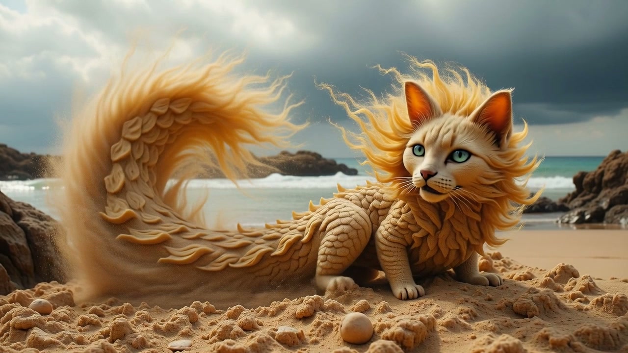 Surreal sand sculpture of a mythical cat-dragon beast resting on a rocky ocean shore under stormy...