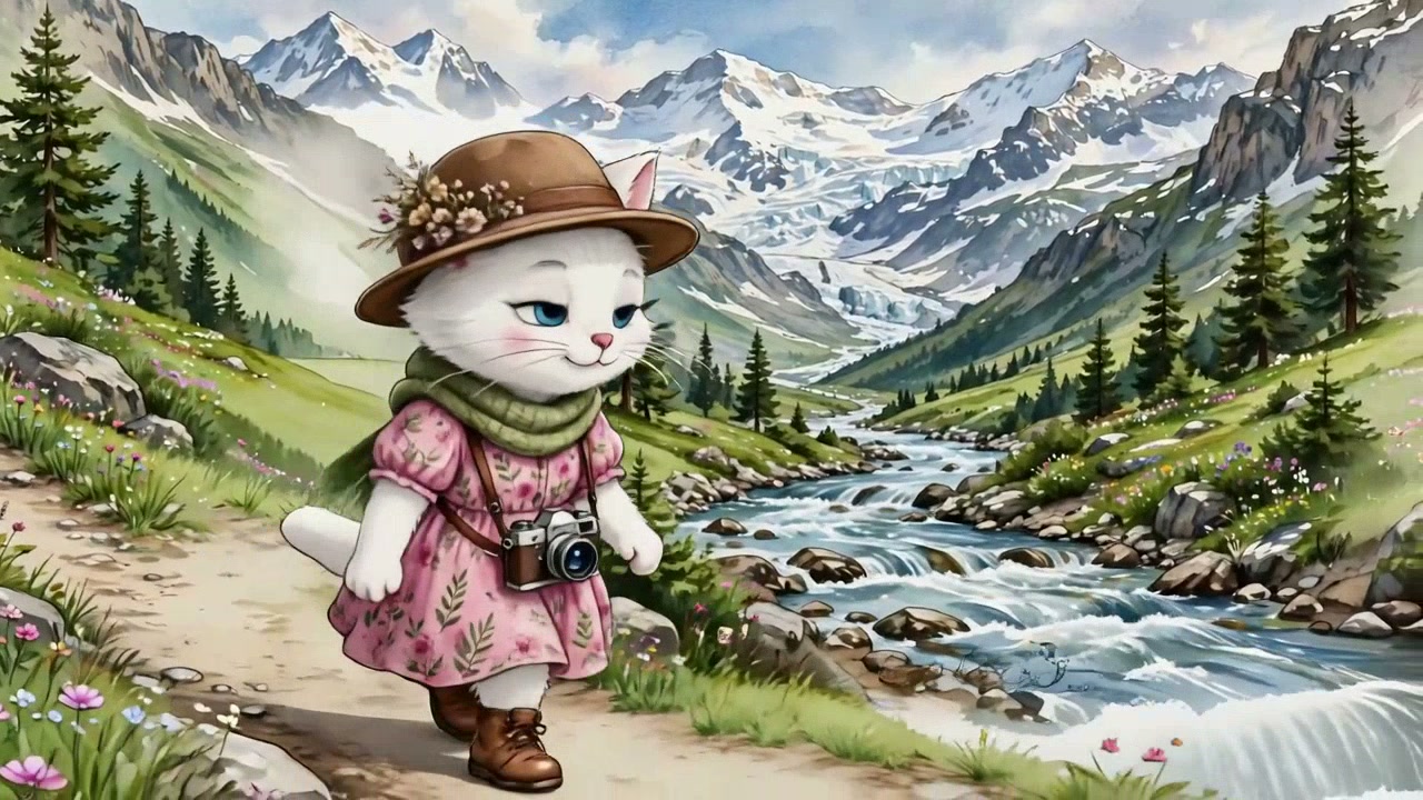 Cute anthropomorphic white cat traveler with camera walks an alpine trail beside a rushing mounta...