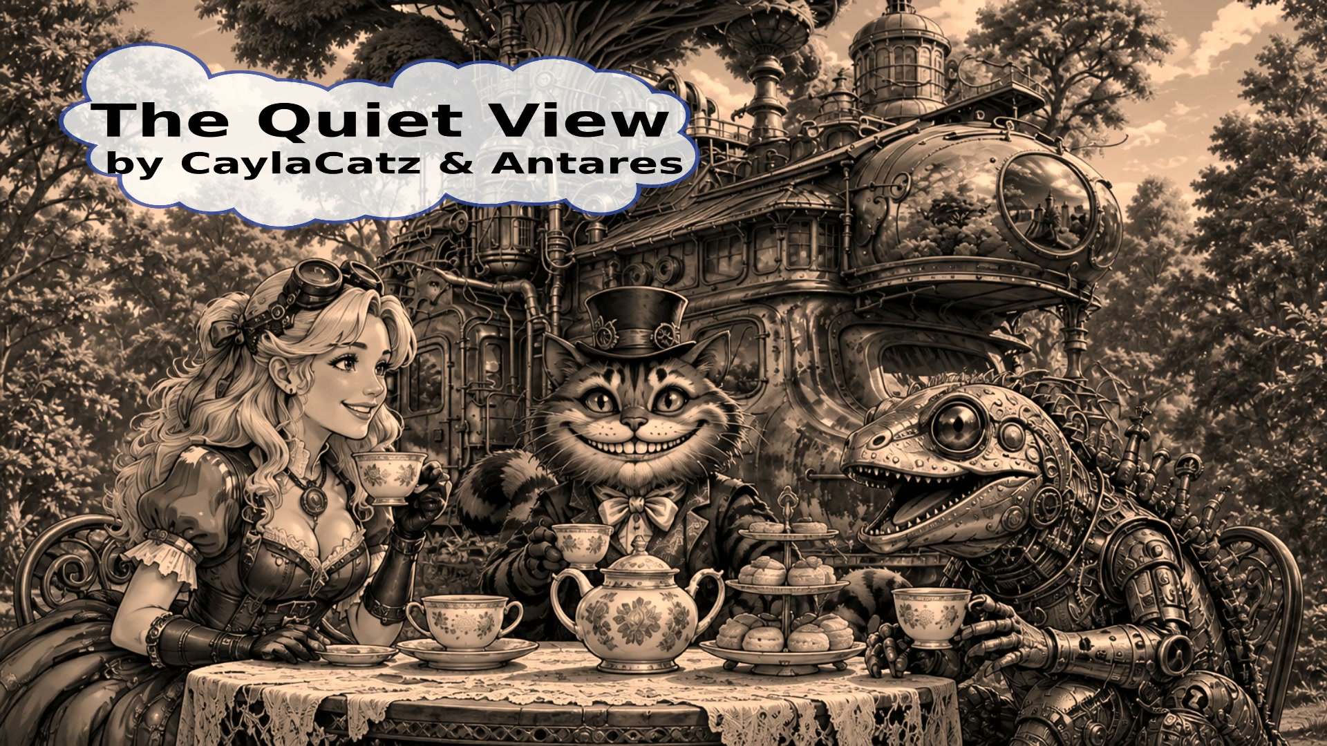 Whimsical steampunk tea party featuring a Victorian woman, Cheshire Cat, and mechanical lizard ou...