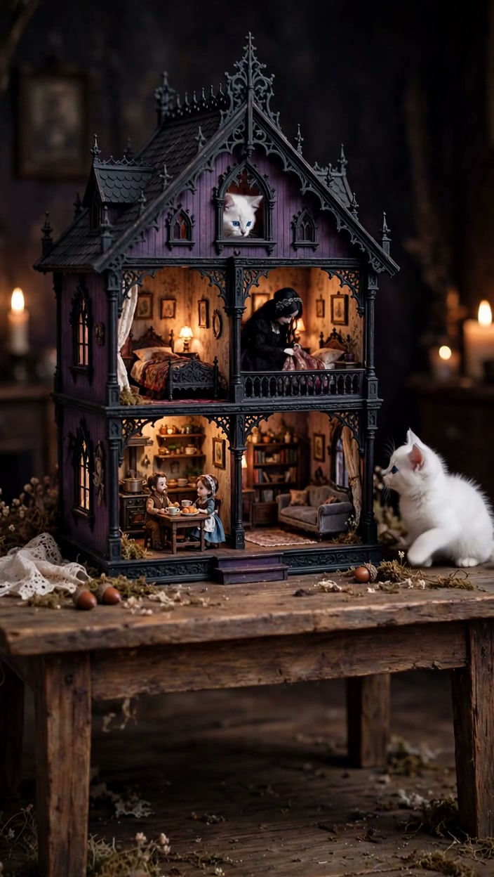Fluffy white kitten stares at an ornate purple gothic dollhouse, with a tiny cat peeking from its...