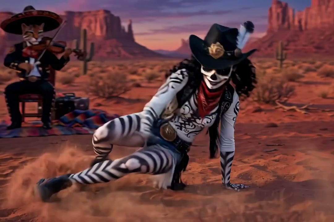 Day of the dead skeleton cowboy dances as a cat mariachi plays violin in a desert sunset