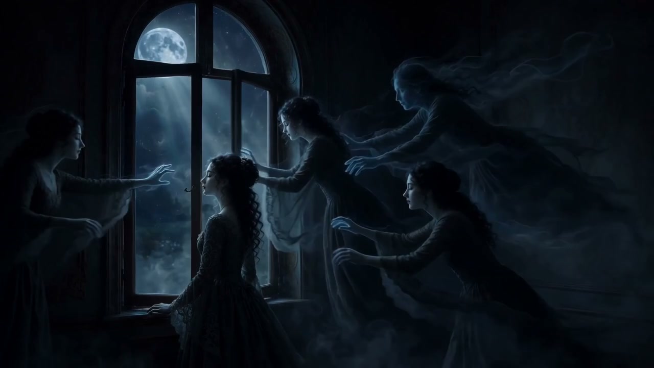Woman standing at a moonlit arched window surrounded by reaching ghostly female spirits
