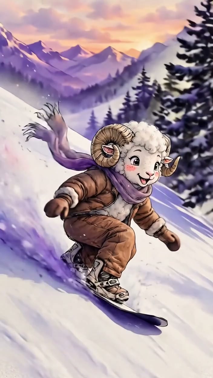 Cheerful anthropomorphic ram snowboards down a snowy mountain slope at pastel sunset