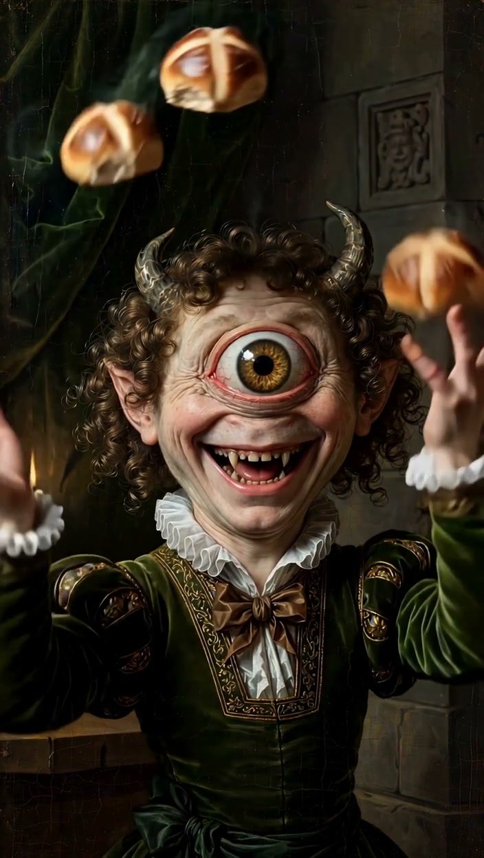 Grinning horned cyclops faun juggles hot cross buns in a renaissance style portrait