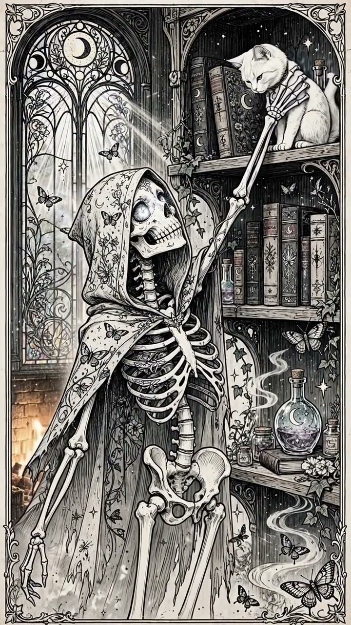 Hooded skeleton reaches up to greet a white cat perched on a gothic bookshelf in a magical wizard...