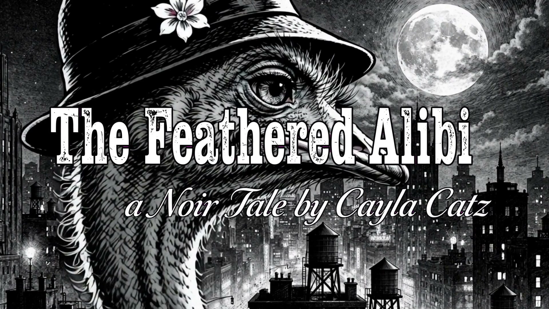 Anthropomorphic bird detective in a fedora against a moonlit noir city skyline, titled The Feathe...