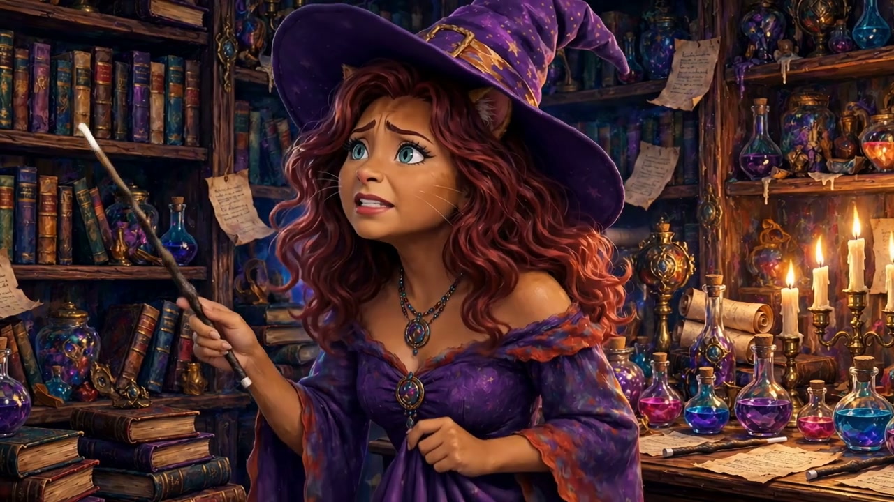 Anxious cat-eared witch holding a wand inside a cluttered magical potion apothecary study
