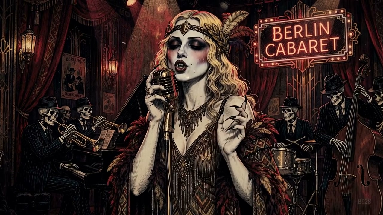 Gothic 1920s flapper singer performs with a skeleton jazz band at a moody Berlin cabaret