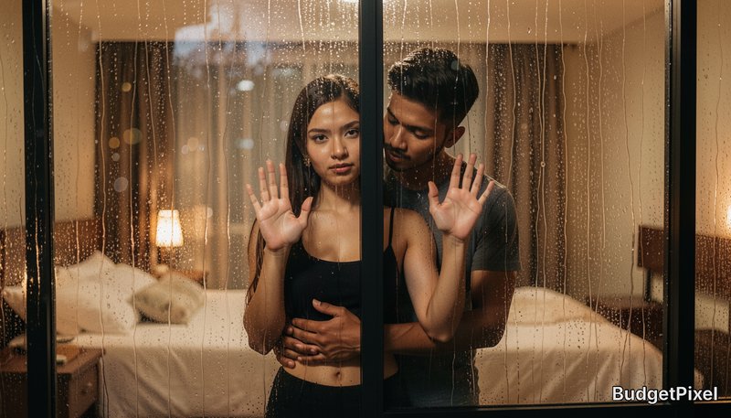 Young couple stand behind rain-streaked bedroom window, woman pressing palms to glass as her part...