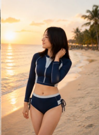 Young woman in navy long-sleeve swimsuit stands on a sandy tropical beach looking out over the oc...
