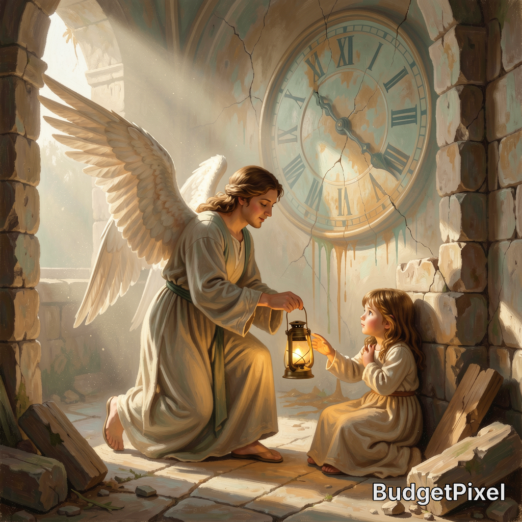 Angel with a lantern kneels beside a child in a ruined stone room with a cracked clock.
