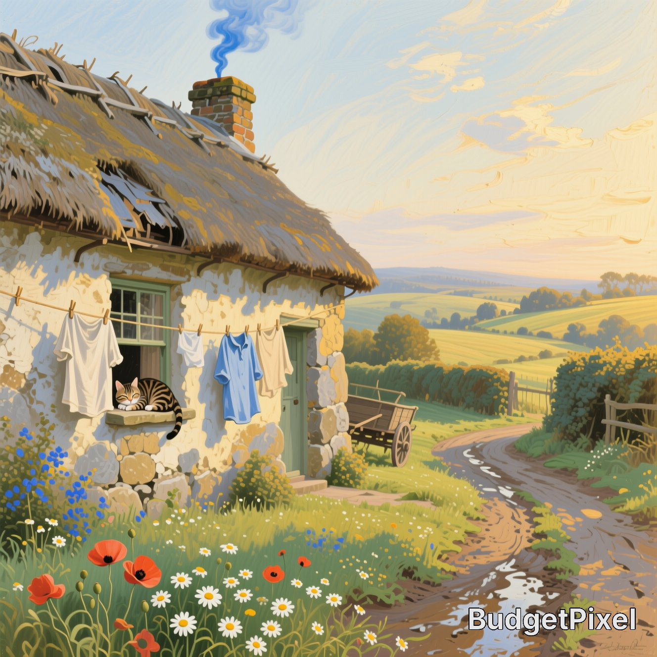 Cozy thatched cottage with a cat in the window, laundry hanging outside, in a sunny rural landscape.