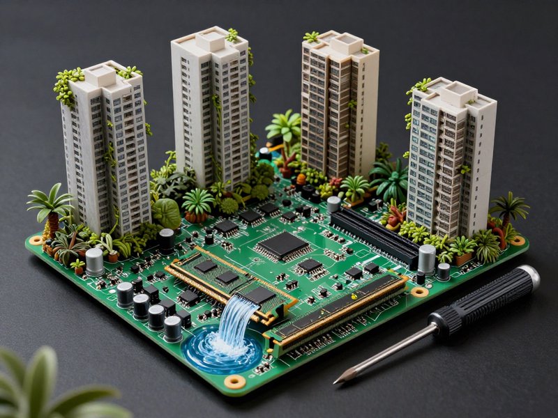 Miniature cityscape built on a computer motherboard with tall buildings and greenery.