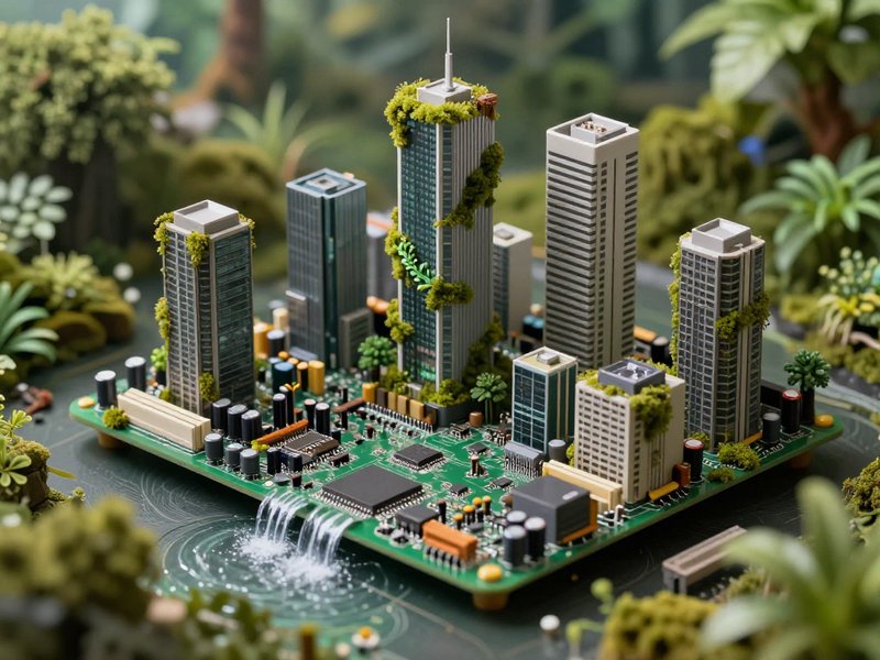 Miniature city built on a circuit board with tall buildings, greenery, and a cascading water feat...