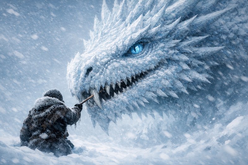 A man in heavy winter gear offers a small flame to a colossal icy dragon in a snowy landscape.