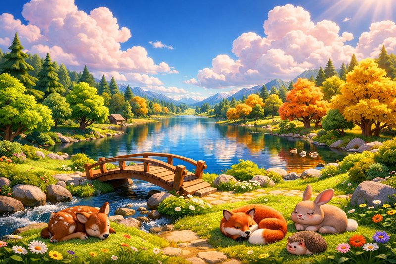 Sleeping foxes and rabbits by a sunlit river with a wooden bridge in a colorful valley
