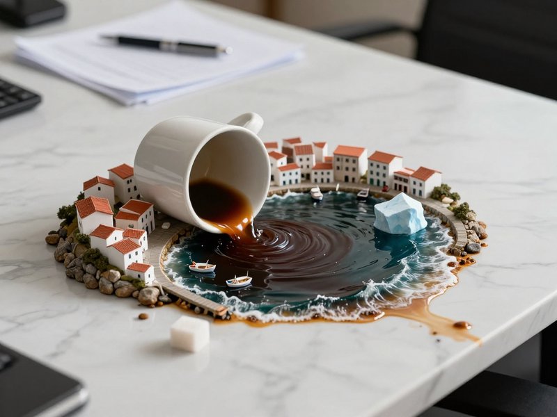 Miniature seaside village around a coffee spill on a desk, with a white mug pouring liquid into a...