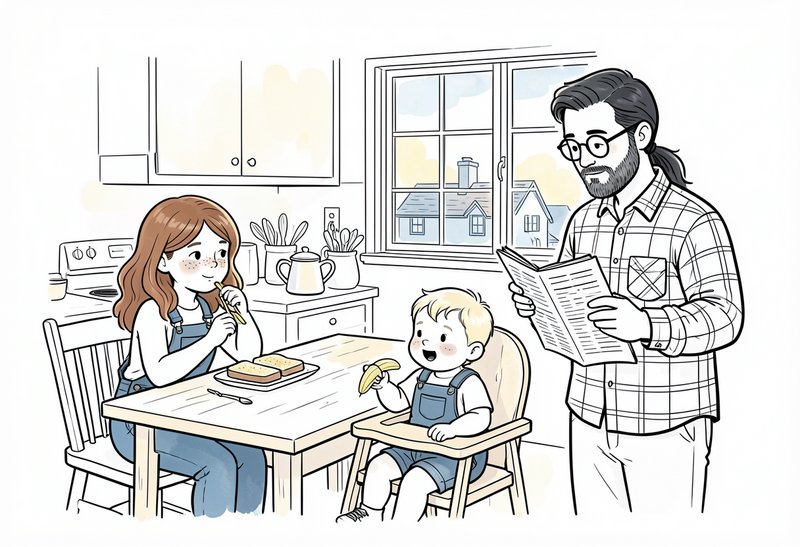 Family breakfast at a bright kitchen table with mom and child eating toast while dad reads a news...