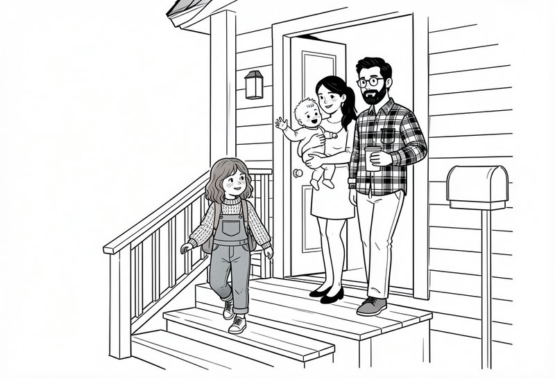Family at the front porch: mom with baby, dad with coffee, older child descending stairs.