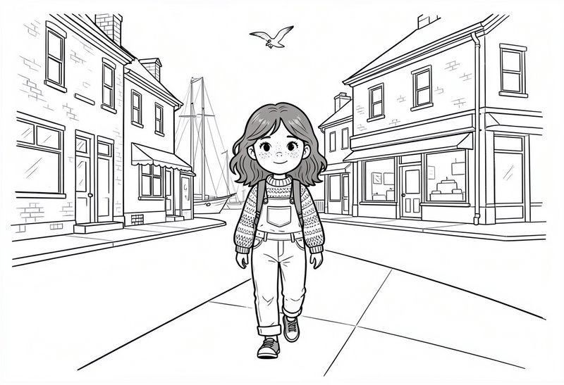 Black-and-white line drawing of a girl walking in a town street with buildings and a bird overhead.
