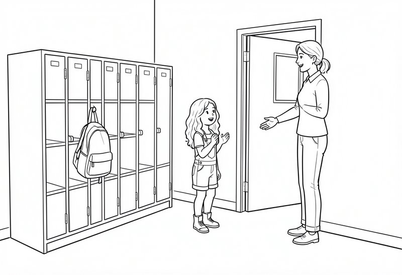 A student in a hallway speaks with a teacher near an open door beside row of lockers.