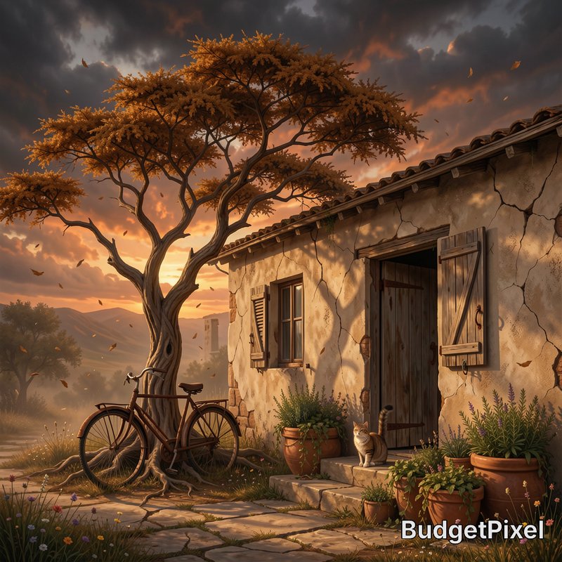 Rustic cottage with wooden door, sunlit tree, vintage bicycle, and potted plants at sunset.
