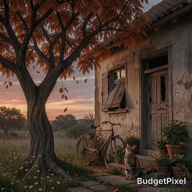 Rustic abandoned house with orange autumn leaves, a vintage bicycle, and a cat at sunset.