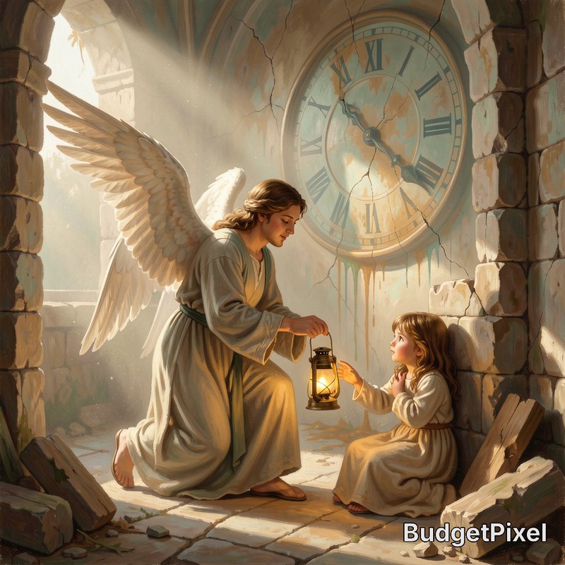 Angel with a lantern kneels beside a child in a ruined stone room with a cracked clock.