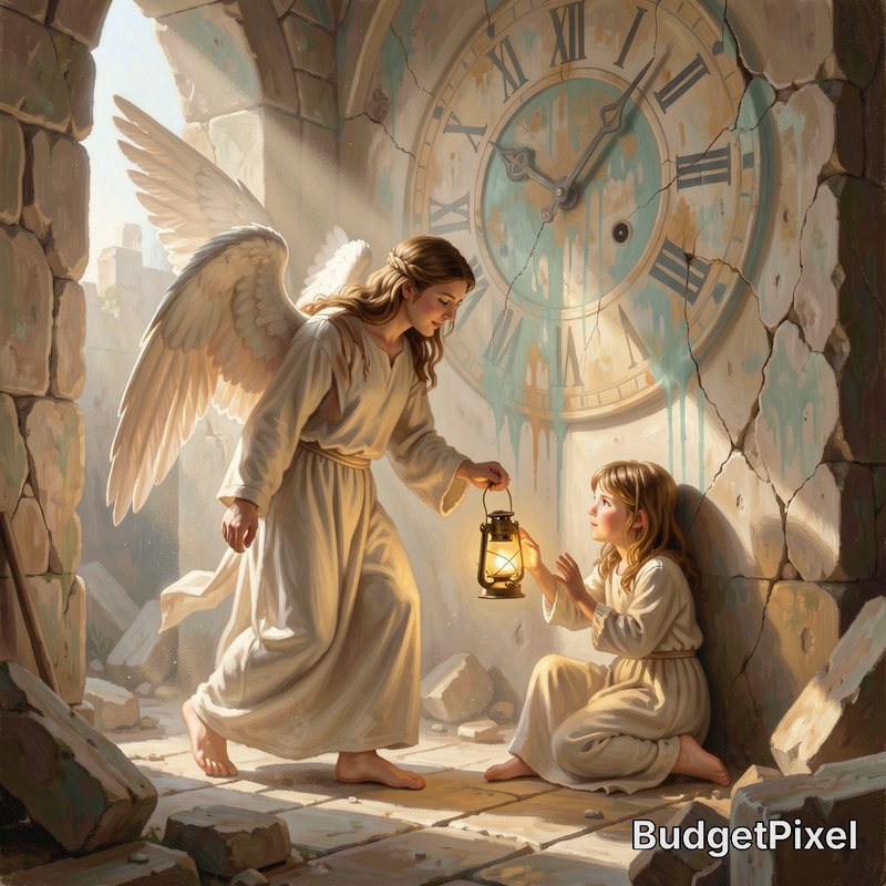 Angel with white robes and wings offers a lantern to a kneeling child in a ruined stone chamber w...
