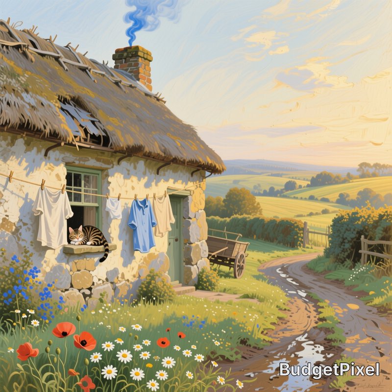 Cozy thatched cottage with a cat in the window, laundry hanging outside, in a sunny rural landscape.