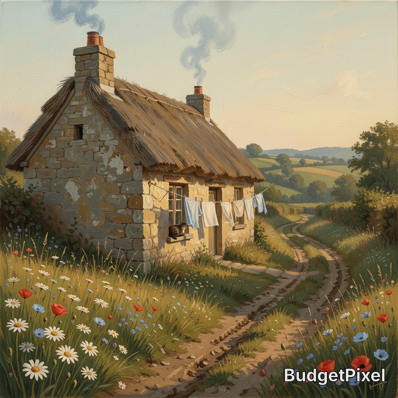 Stone cottage with a thatched roof, laundry hanging outside, in a sunlit rural landscape.