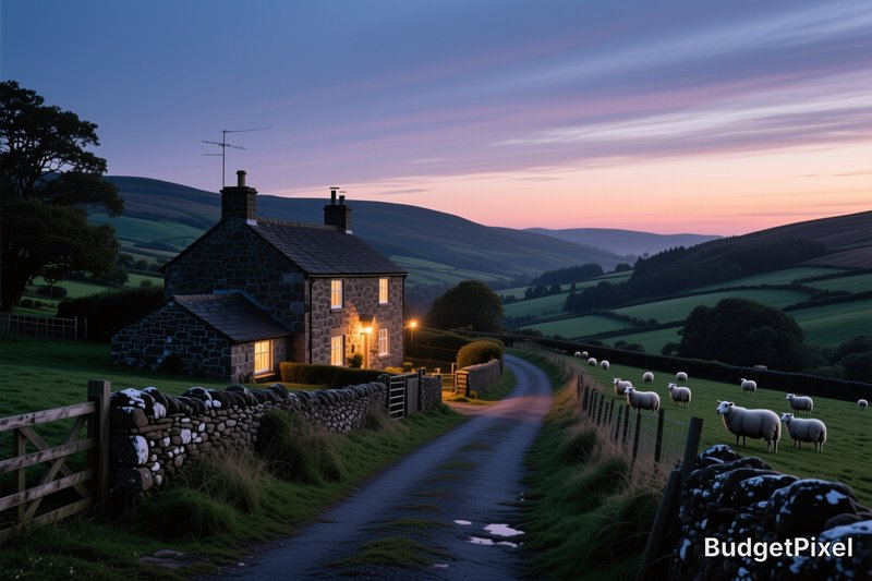 Stone cottage along a winding rural lane at sunset with grazing sheep and rolling green hills.