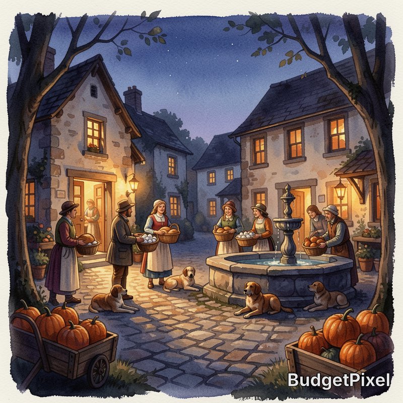 Cozy village square at dusk with pumpkin vendors, a stone fountain, and dogs on a cobblestone str...