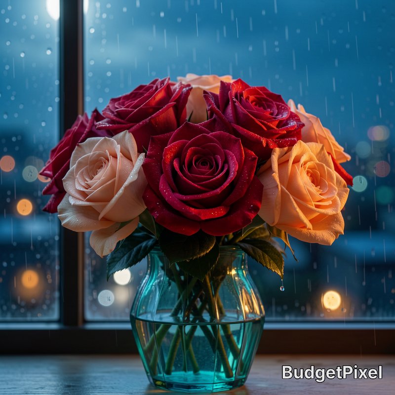 Bouquet of red, peach, and white roses in a glass vase on a rainy window sill.