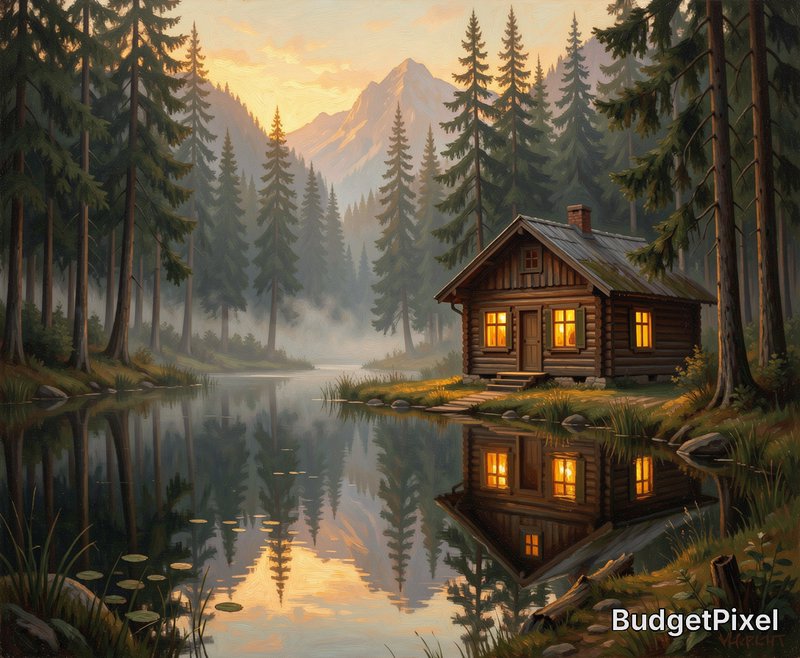 Cozy wooden cabin on a calm lake surrounded by pine forest at sunset.