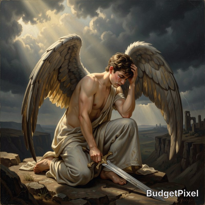 Crying male warrior angel with large feathered wings