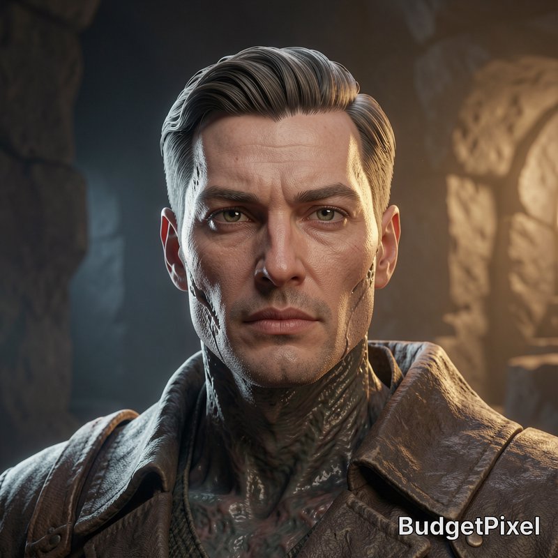 Hyper-realistic fantasy male character with facial scars, corrupted neck skin, and a leather coat...