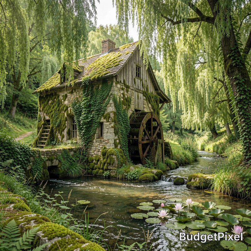 Overgrown mossy stone water mill with a wooden wheel, set on a forest stream framed by willows an...