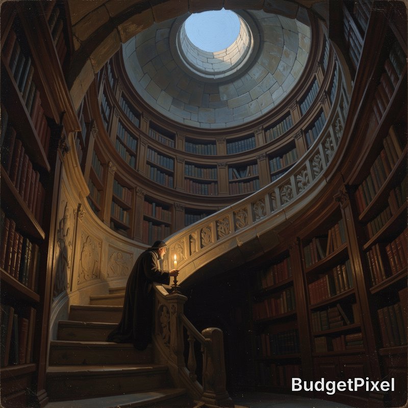 Robe-clad scholar holds a lit candle on an ornate spiral staircase inside a towering domed circul...