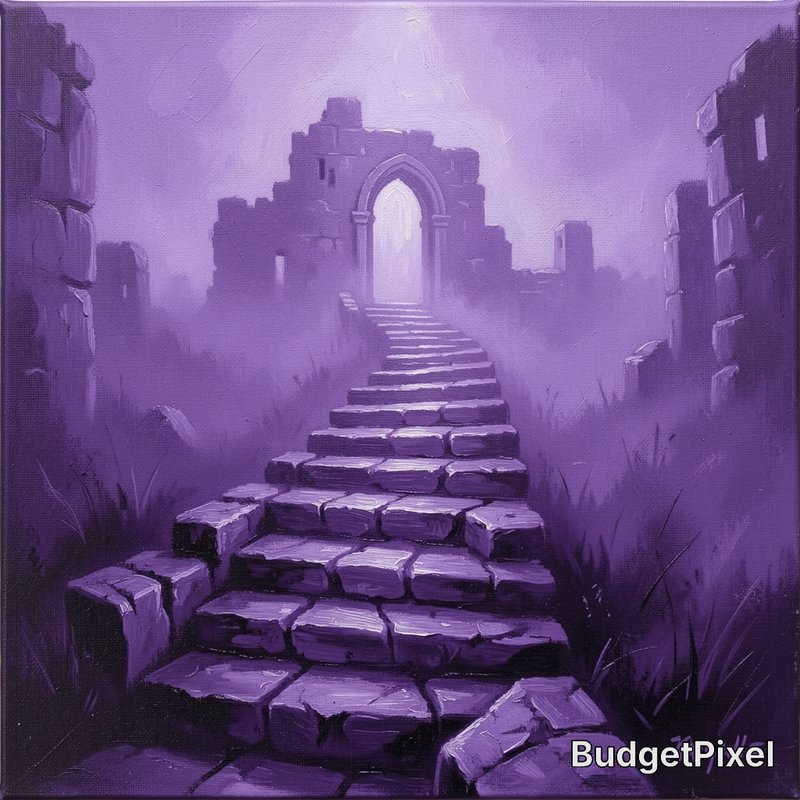 Textured oil painting of weathered stone stairs leading to a glowing gothic arch in misty purple ...