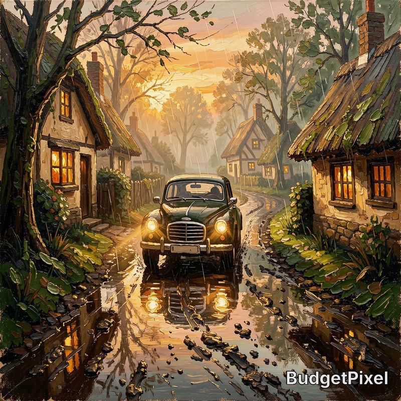 Impasto oil painting of a vintage car on a rainy cobblestone village lane, lined with thatched co...
