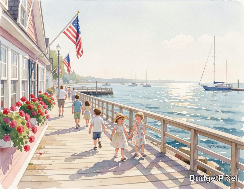 Watercolor illustration of families strolling a sunny coastal boardwalk, American flags, sailboat...