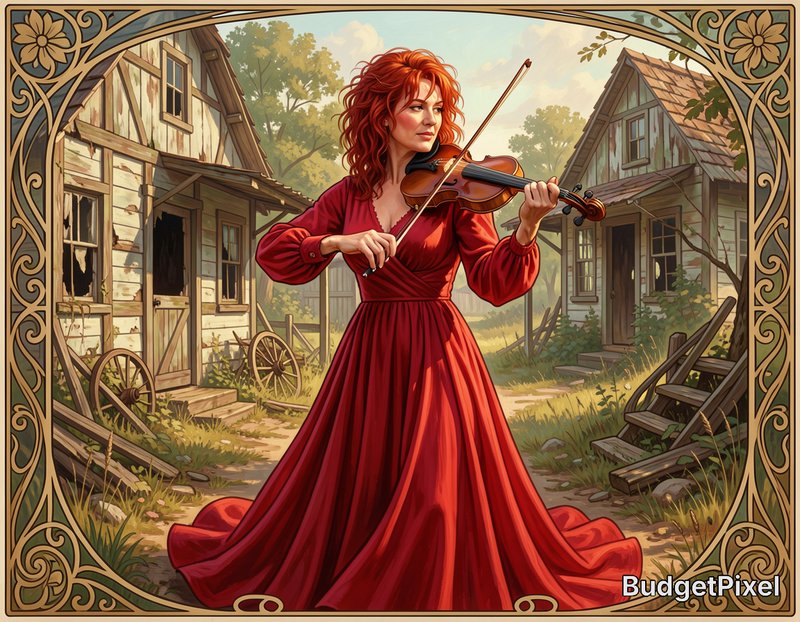 Ornate art nouveau framed illustration of red-haired woman in a red gown playing violin in a rura...