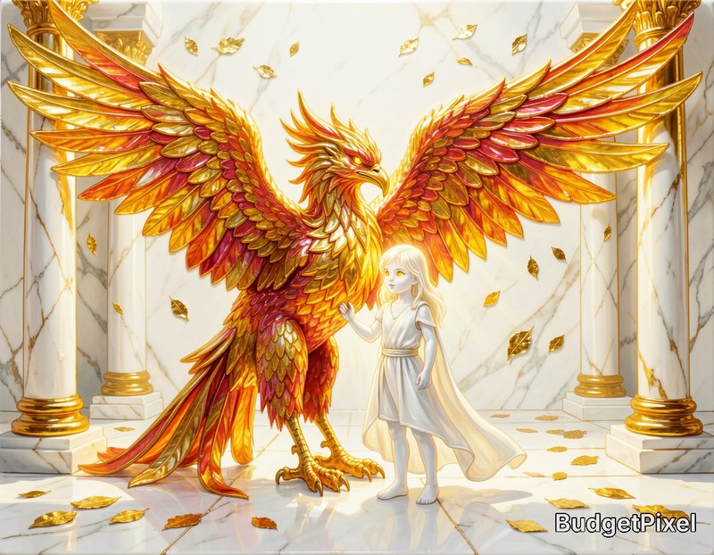 Radiant golden-red phoenix stands beside a pale robed child in a sunlit marble temple, as golden ...