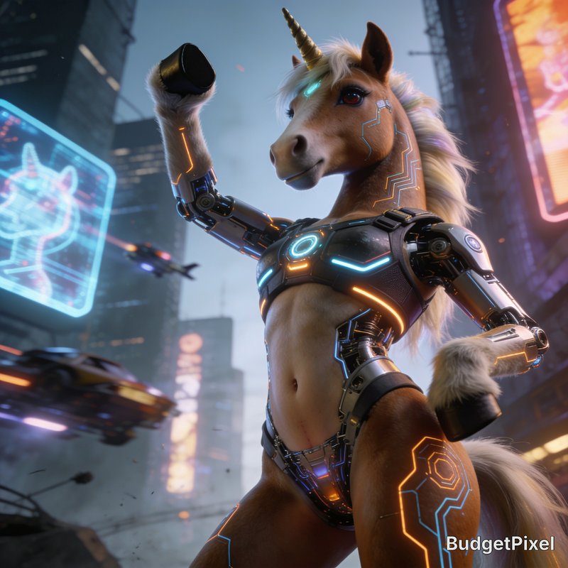 Anthro cybernetic unicorn cyborg poses triumphantly in a glowing neon cyberpunk city skyline at dusk