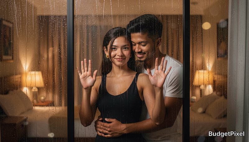Smiling young South Asian couple embrace while pressing hands to a rain-streaked bedroom window o...
